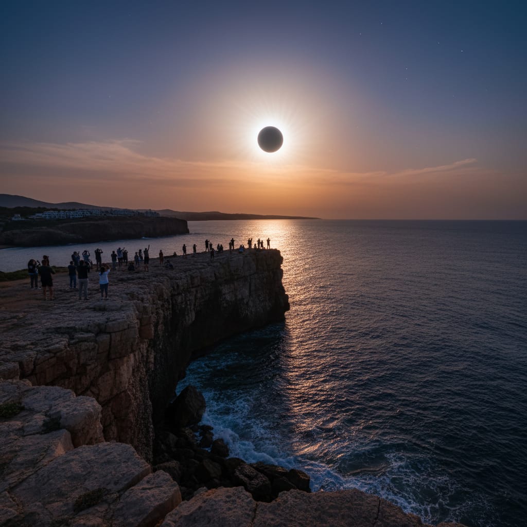 Simulación visual de la corona solar durante el ocaso de 2026 en la costa española.